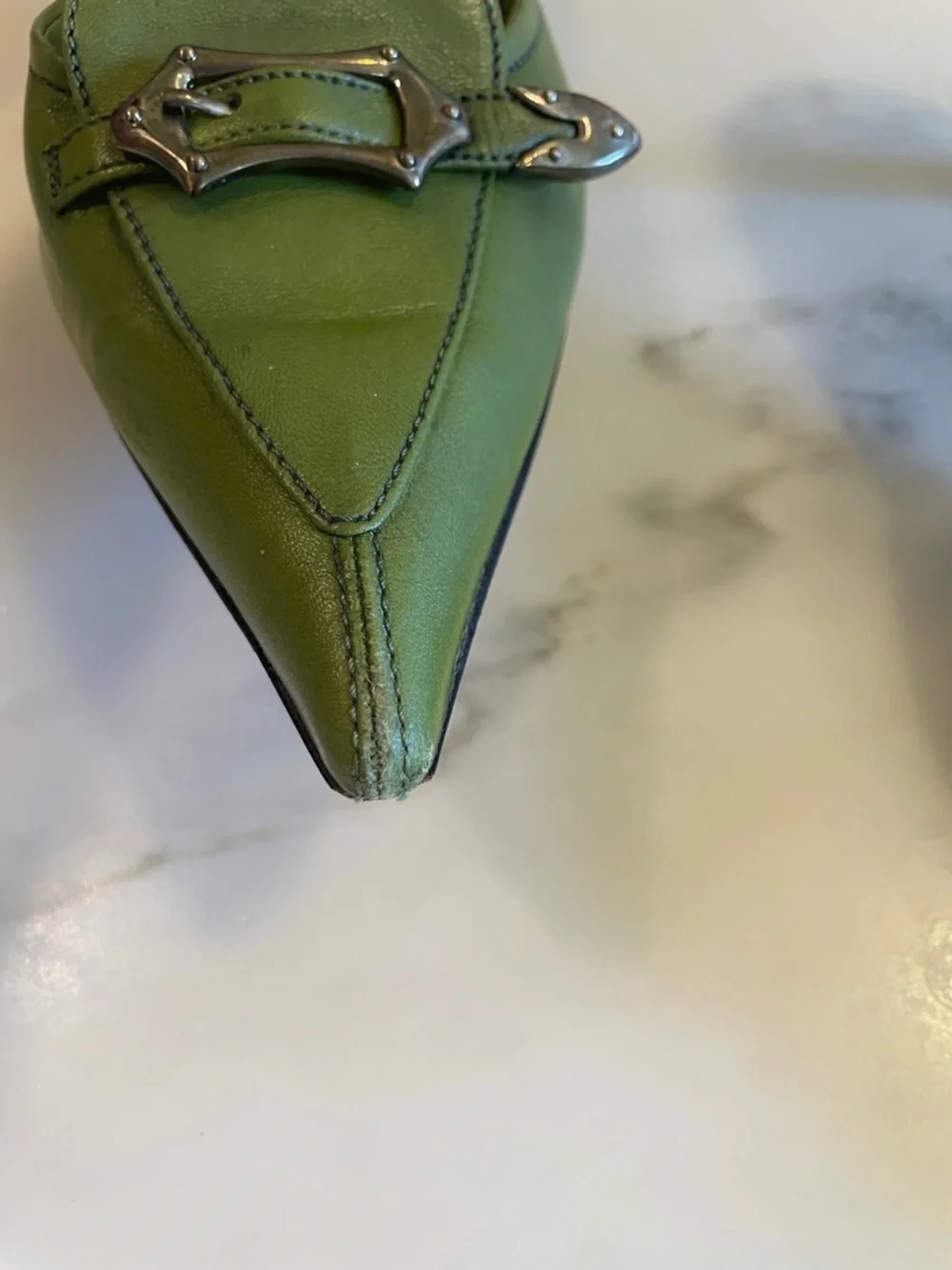 Vintage Prada Green Leather Pointed Kitten Heel Mules, Size 40 - Picture 13 of 14